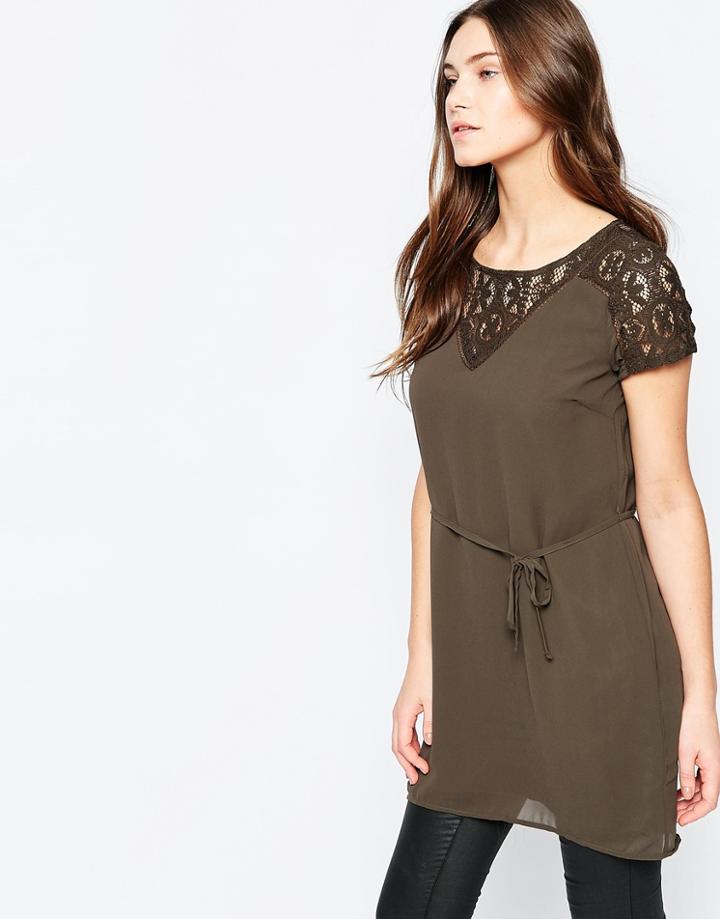 Vila Short Sleeve Tunic With Lace Detail - Black Olive