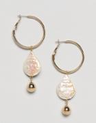 Asos Design Hoop Earrings With Faux Freshwater Pearls In Gold - Gold