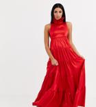 Flounce London Ruffle Neck Tiered Satin Maxi Dress In Red