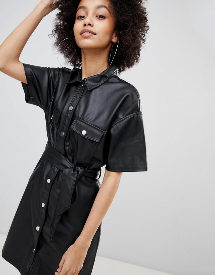 Bershka Button Front Leather Look Mini Dress - Black