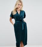 Closet London Premium Allover Velvet Wrap Dress With Kimono Sleeve - Green