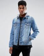 Asos Denim Jacket With Jersey Hood And Rips - Blue