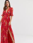 Hope & Ivy Plunge Front Maxi Dress With Fluted Sleeve In Red Floral Print - Multi