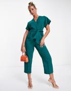 Closet London Tie Waist Kimono Jumpsuit In Forest Green