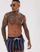 Asos Design Swim Shorts With Navy And Mustard Stripe In Super Short Length - Navy