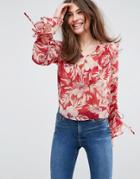 Asos Floaty Blouse In Red Floral With Ruffles - Multi