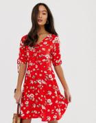 Qed London Tea Dress In Red Floral Print - Red