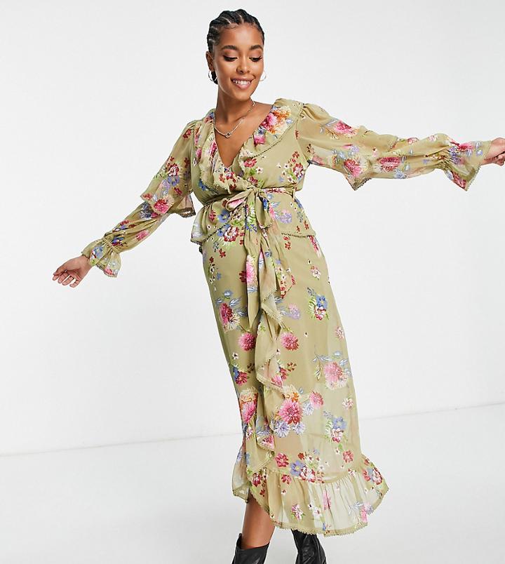 River Island Maternity Floral Wrap Dress In Green