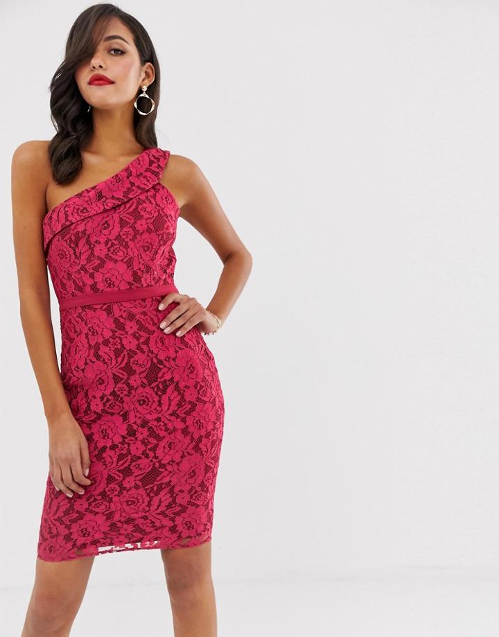Little Mistress One Shoulder All Over Lace Midi Dress - Red