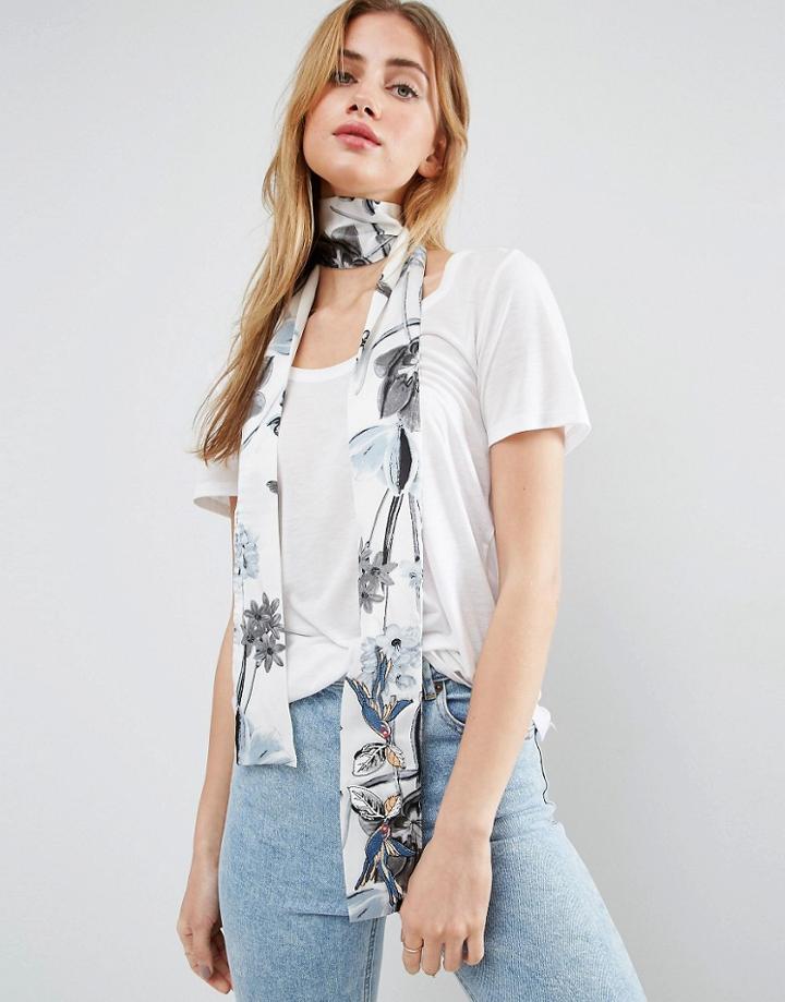 Asos Floral Print Skinny Scarf With Bird Badge - Multi