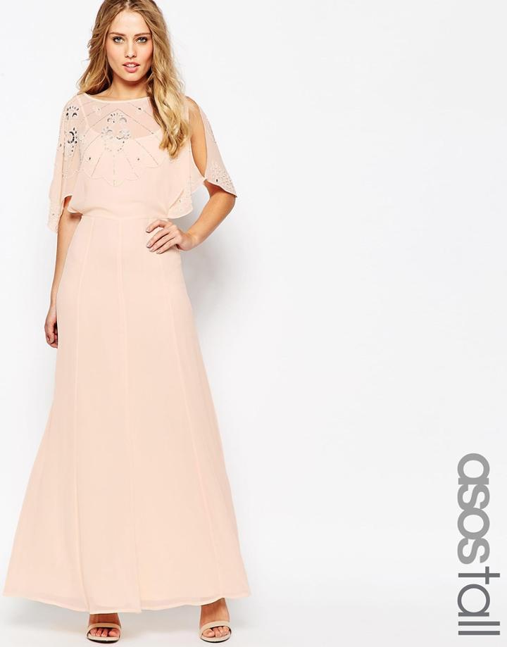 Asos Tall Embellished Flutter Sleeve Maxi Dress - Nude