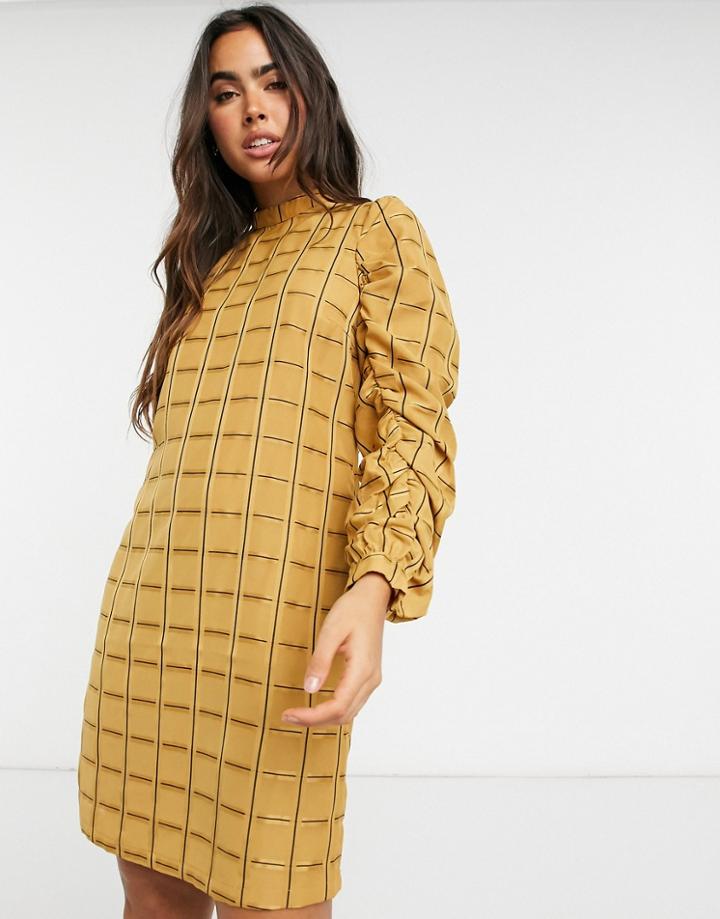 Y.a.s Anise Ruched Sleeve Grid-pattern Mini Dress In Yellow