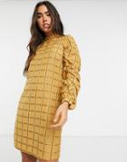 Y.a.s Anise Ruched Sleeve Grid-pattern Mini Dress In Yellow