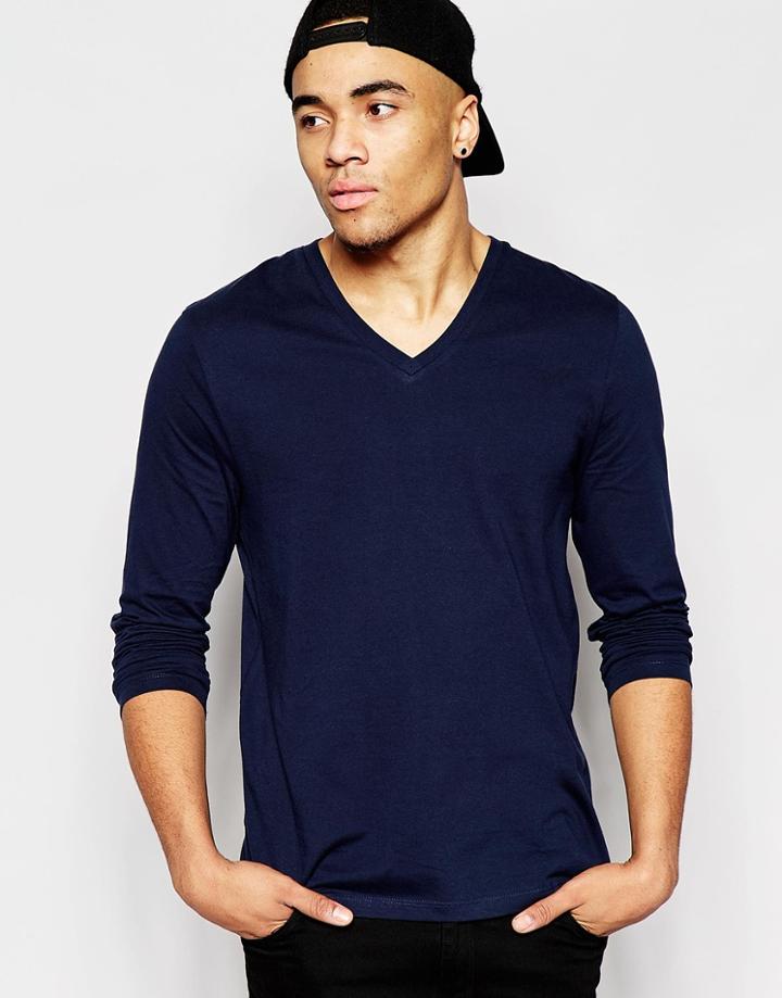 Asos Long Sleeve T-shirt With V Neck In Navy - Navy