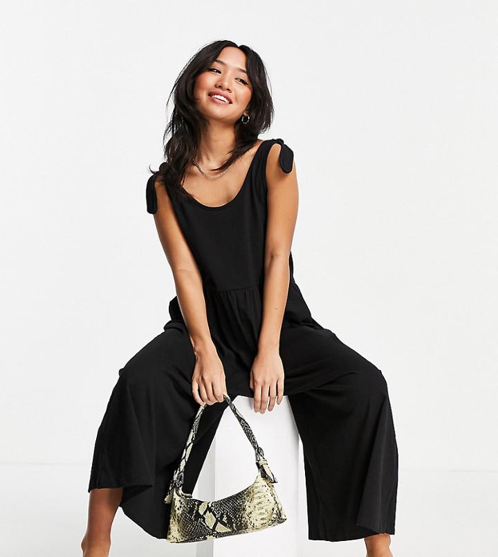 Asos Design Petite Tie Shoulder Smock Jumpsuit In Black
