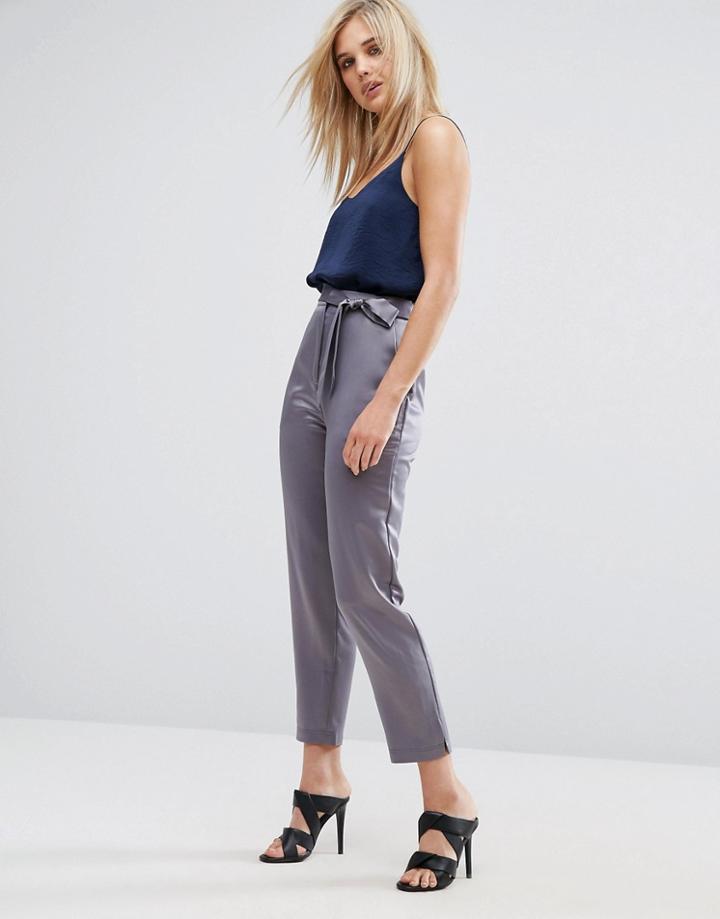 Asos Satin Peg Pants With Split Hem And Belt - Gray