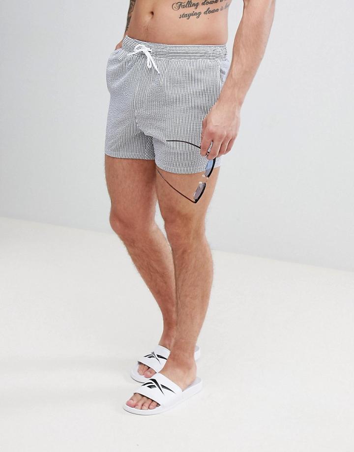 Asos Swim Shorts In Seersucker Blue Stripe In Short Length - Blue