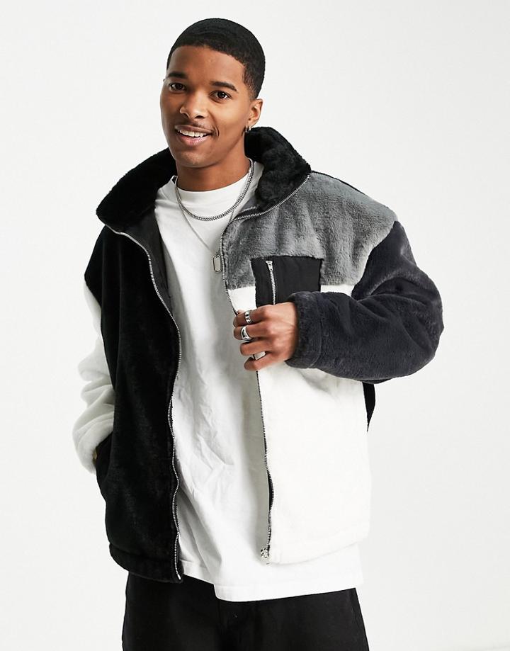 Liquor N Poker Micro Fur Jacket In Black And White Paneling-multi