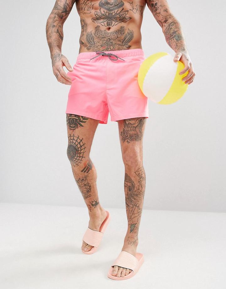Asos Swim Shorts In Bright Pink With Stripe Drawcord Short Length - Pink