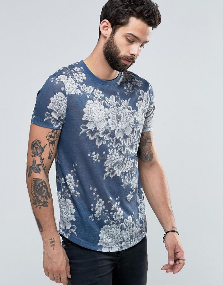 Asos T-shirt With Japanese Style Floral Print In Linen Look - Blue