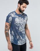 Asos T-shirt With Japanese Style Floral Print In Linen Look - Blue