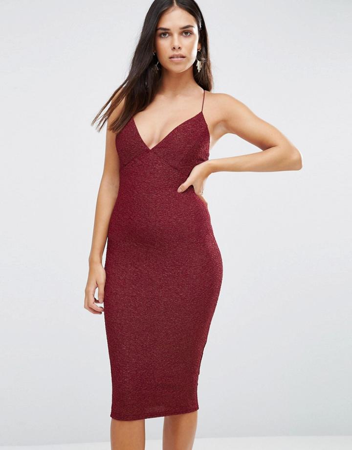 Ax Paris Midi Cami Dress In Glitter Fabric - Red