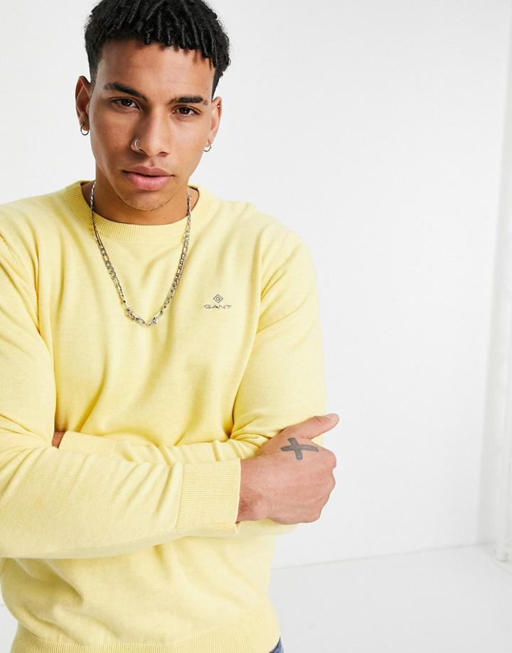 Gant Icon Logo Classic Cotton Knit Sweater In Brimstone Yellow Heather