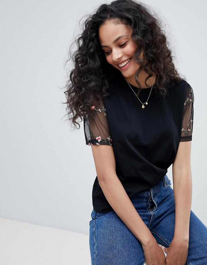Asos Design T-shirt With Floral Embroidered Mesh Sleeve - Black