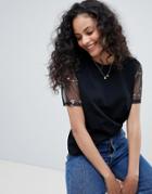 Asos Design T-shirt With Floral Embroidered Mesh Sleeve - Black