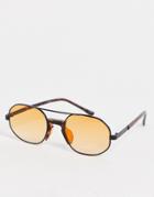 Asos Design Aviator Sunglasses With Orange Gradient Lens And Tortoiseshell Nose Bridge In Black