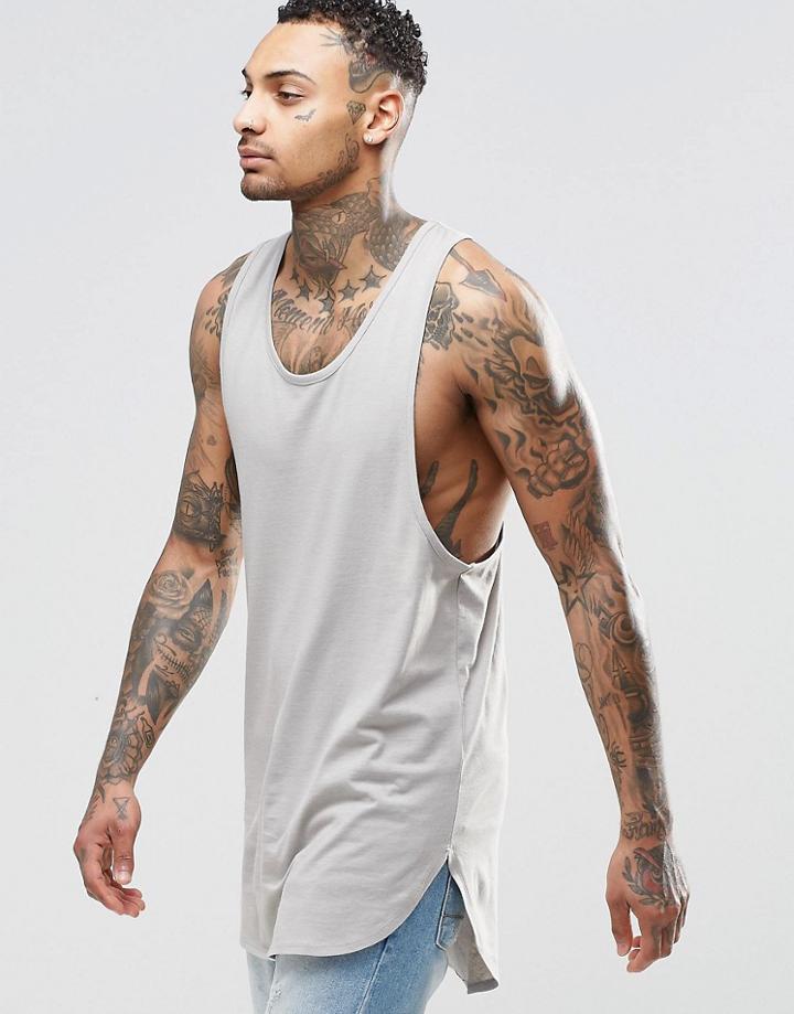 Asos Super Longline Vest With Step Hem And Extreme Racer Back In Grey - Gray