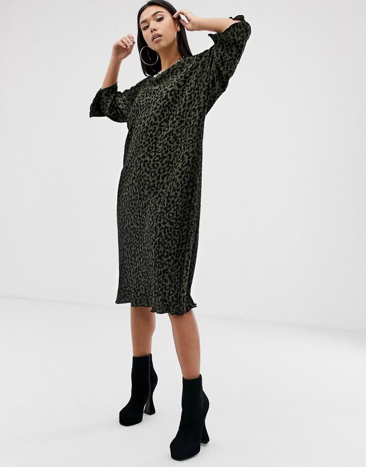 Asos Design Leopard Print Midi Plisse Huge T-shirt Dress - Multi