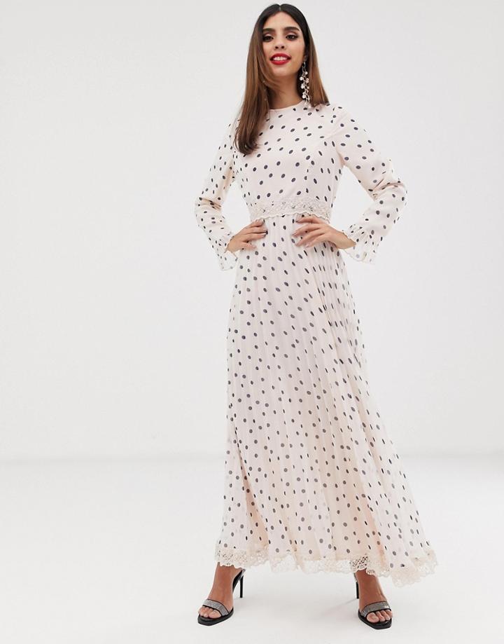 Asos Design Pleated Maxi Dress With Lace Inserts In Polka Dot - Multi