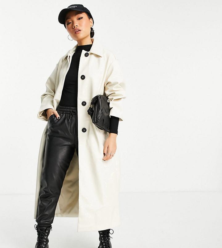 Asos Design Petite 90s Faux Leather Trench Coat In Cream-white