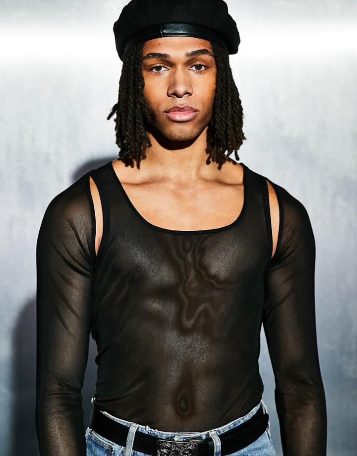 Asos Design Skinny Long Sleeve T-shirt In Mesh With Cut Outs In Recycled Polyester-black
