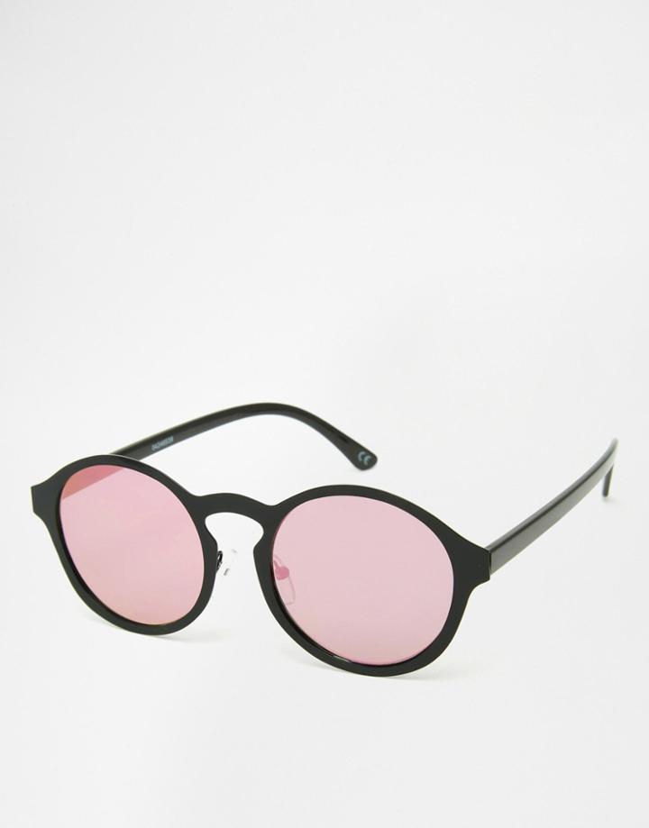 Asos Round Inset Metal Sunglasses With Flat Lens And Pink Flash - Black