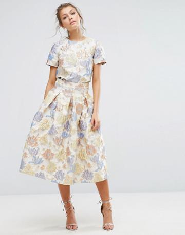 True Decadence Floral Midi Skirt In Jacquard Co Ord - Cream