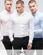 Asos Skinny Shirt In White Blue And Pink Pack Save 17%