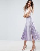 Asos Satin Pleated Midi Skirt With Splice - Purple