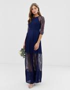 Tfnc Bridesmaid Exclusive Pleated Maxi Dress With Lace Insert In Navy - Navy