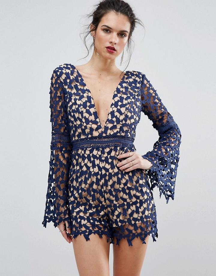 Love Triangle Lace Romper With Flared Sleeves - Navy