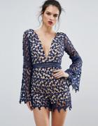 Love Triangle Lace Romper With Flared Sleeves - Navy