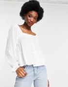 Asos Design Square Neck Crinkle Smock Top In Ivory-white