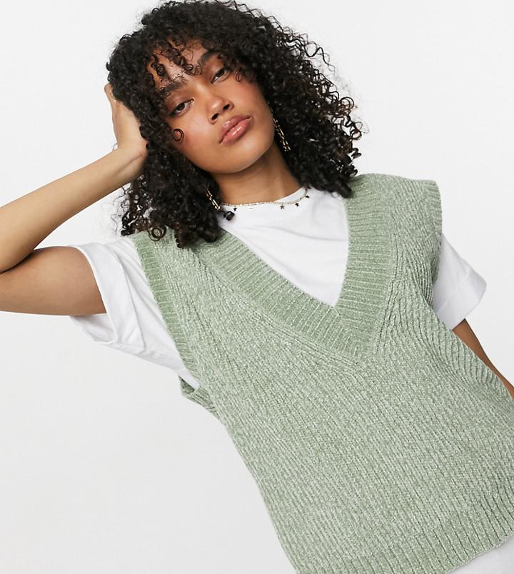 Collusion Fluffy Ribbed V Neck Tank In Green-blues