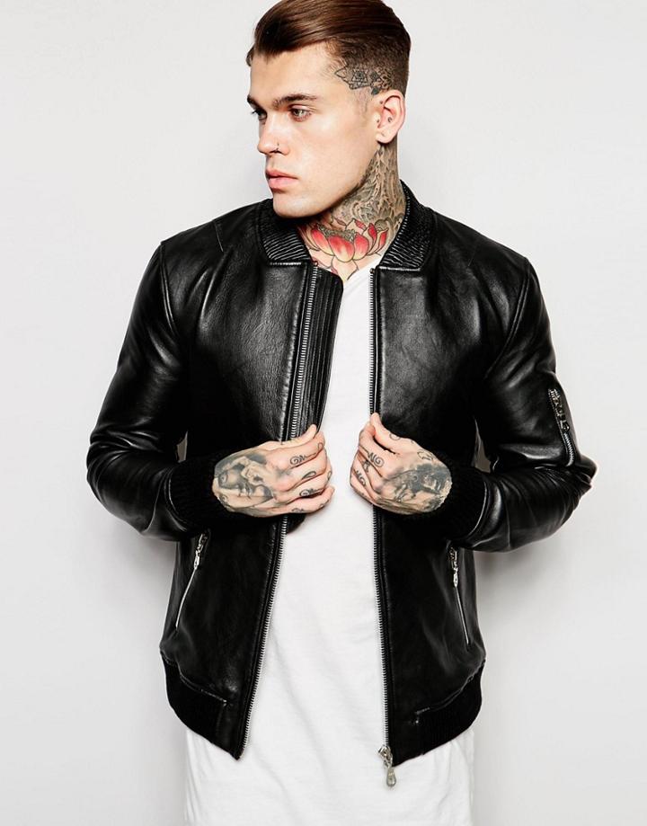 Religion Premium Leather Bomber Jacket - Black
