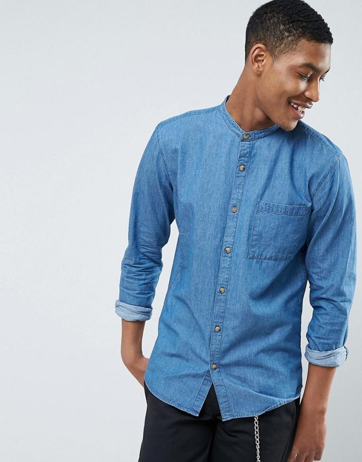 Pull & Bear Denim Shirt With Grandad Collar In Mid Wash Blue - Blue