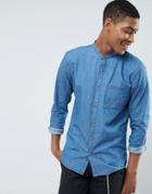 Pull & Bear Denim Shirt With Grandad Collar In Mid Wash Blue - Blue