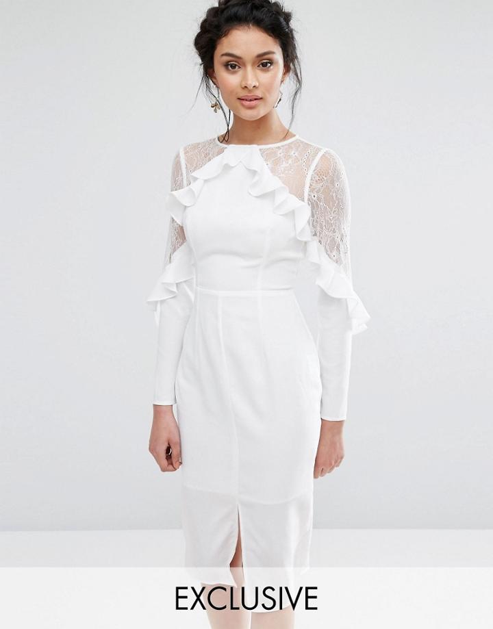True Decadence Ruffle Neck Midi Dress With Lace Panels - White