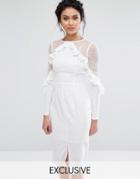 True Decadence Ruffle Neck Midi Dress With Lace Panels - White