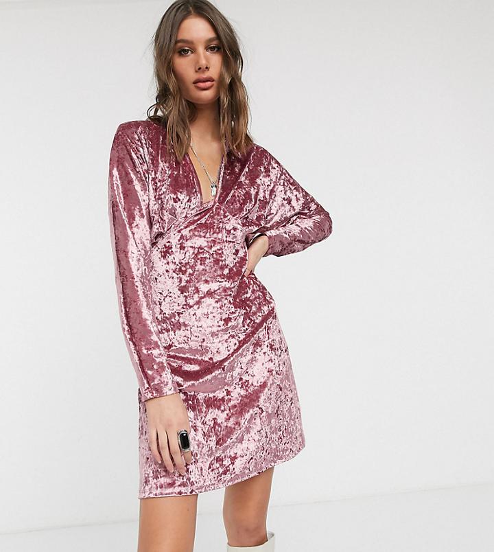 Asos Design Tall Long Sleeve Plunge Velvet Mini Dress-pink